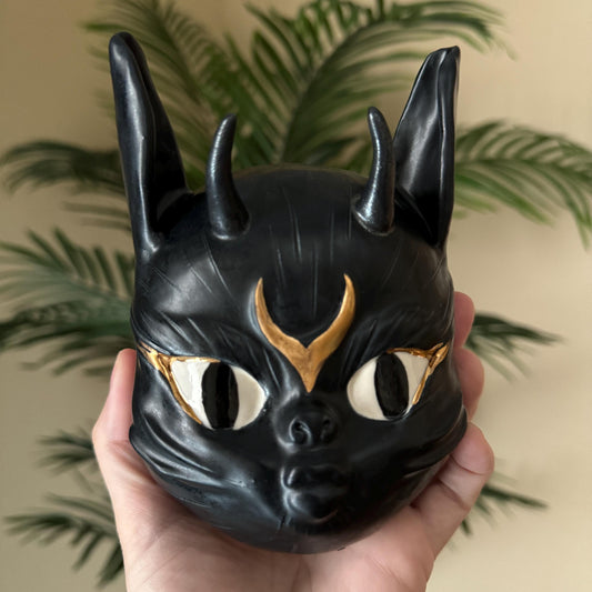 Black & Gold Porcelain Cat Wall Mask Hanging