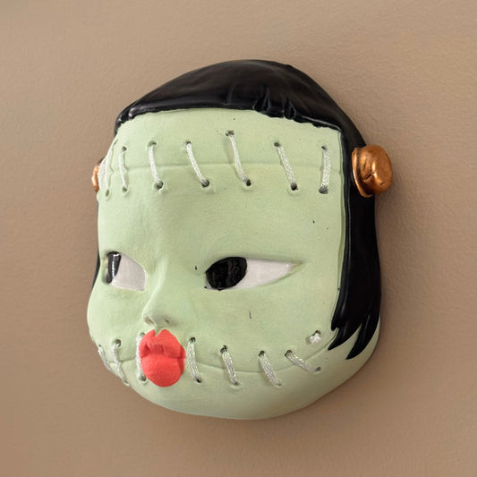 Frankenstein's Monster Porcelain Wall Mask Sculpture with Gold Bolts