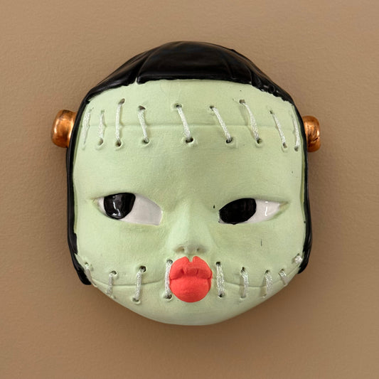 Frankenstein's Monster Porcelain Wall Mask Sculpture with Gold Bolts