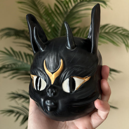 Black & Gold Porcelain Cat Wall Mask Hanging
